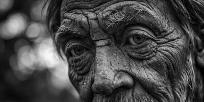 A closeup of a weathered face lined with wrinkles and defined by years of working outdoors Black and white art. photo