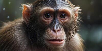 Close-up of a wet monkey-like creature with big ears and sharp teeth. photo