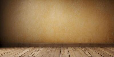 empty old grungy vintage yellow wall with wooden floor background with copy space. photo