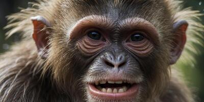 Close-up of a wet monkey-like creature with big ears and sharp teeth. photo