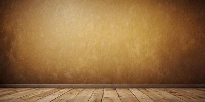 empty old grungy vintage yellow wall with wooden floor background with copy space. photo