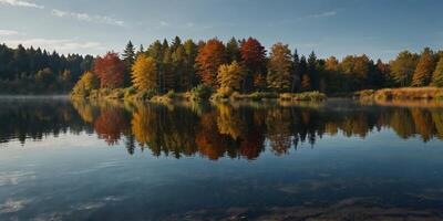 Biei s autumnal pond mirrors the blue sky offering a tranquil scene with potential for copy space image. photo