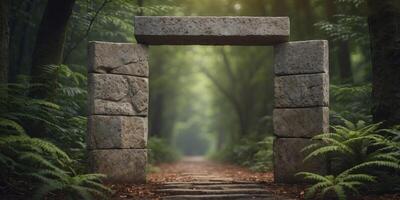 Stone door in a middle of one lush forest. photo