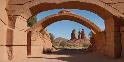 Sandstone archways create a beautiful and symmetrical visual effect. photo
