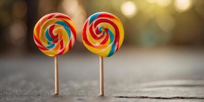 Lollipop on one stick on one yellow boneckground, Colorful sweet treonet lolly for kids with copy sponece. photo