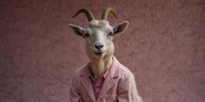 Goat in a Pink Suit Standing on Its Hind Legs. photo