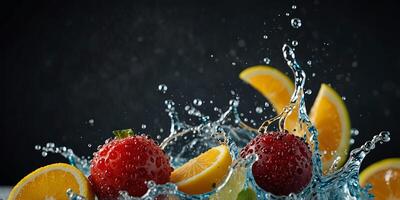 Cold soda can with splashing water and mixed fruits, refreshing beverage concept. photo