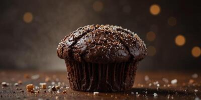 Artwork featuring a chocolate muffin with sugar. photo