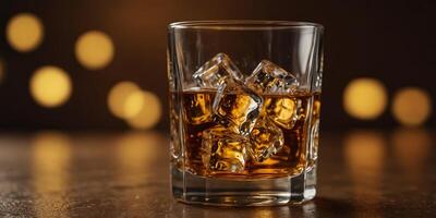Glass of whiskey with ice cubes on amber background, minimalist composition Beverage and relaxation concept. photo