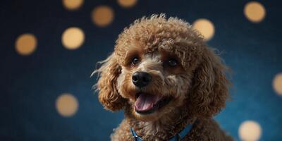 A close up of a smiling poodle with a blue background. photo