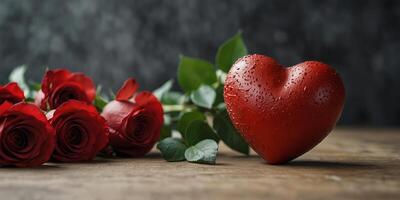 A red heart shaped object adorned with a beautiful bouquet of roses in a copy space image. photo