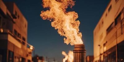 A flare stack burning off excess natural gas creating a bright flame and loud roaring noise. photo
