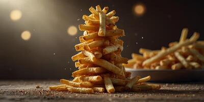 Cinematic light dramatically illuminates a towering pyramid of French fries, creating a powerful and majestic scene perfect for an enticing product ad. photo