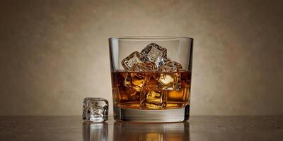 Glass of whiskey with ice cubes on a beige background, minimalist and elegant drink concept. photo
