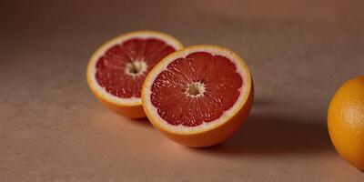 Grapefruit halves on a peach background, minimalistic and fresh Healthy eating concept. photo