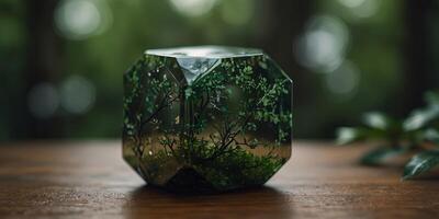 Close up image of an octagonal rpg die on a reflective surface with green branches in the background. photo
