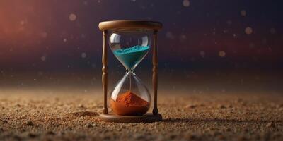 Glass hourglass with colorful sand on gradient background, abstract concept. photo