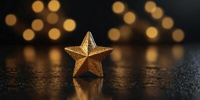 golden star reflecting on a smooth, dark surface, symbolizing premium feedback in a minimalist. photo