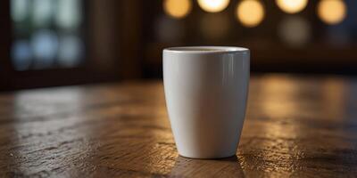 Coffee cup resting on a wooden surface with copy space image. photo