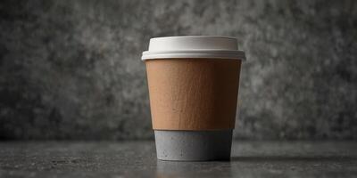 Gray concrete background with a blank take away coffee paper cup featuring ample copy space image. photo