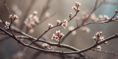 A free-form Boho frame of intertwining branches and small colorful buds. photo