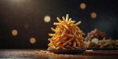 Cinematic light dramatically illuminates a towering pyramid of French fries, creating a powerful and majestic scene perfect for an enticing product ad. photo
