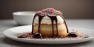 A delicious dessert with chocolate sauce and sprinkles. photo