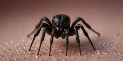 Close-up of a black spider on a pink background. photo