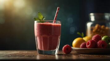 A vitamin-rich smoothie in a translucent glass ingredients floating majestically under powerful cinematic light for a hydrating effect close-up view. photo
