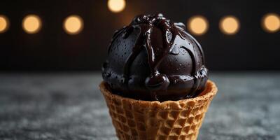 Close-up of black ice cream in waffle cone. photo