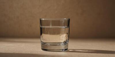 Glass of water with shadow on beige background, minimalistic studio shot Simplicity and hydration concept. photo