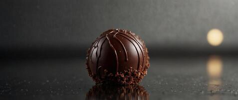 A close-up of a chocolate truffle on a reflective surface. photo