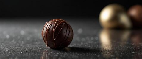 A close-up of a chocolate truffle on a reflective surface. photo