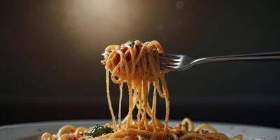 A plate of spaghetti being lifted with a fork. photo