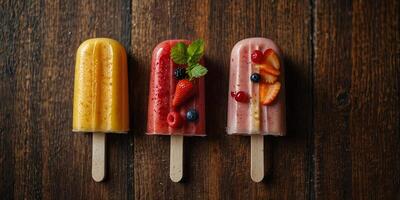 Assorted fruit popsicles on wooden background. photo