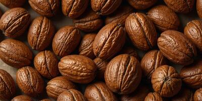 Close-up of a pecan nut on a beige background. photo