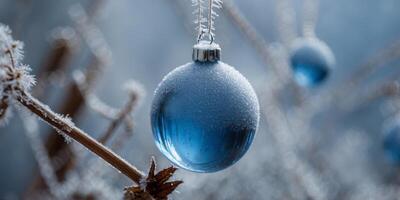 A close-up of a blue structure covered in frost. photo