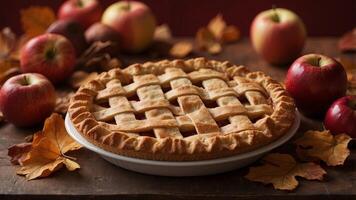 Freshly baked lattice apple pie surrounded by apples and autumn leaves on red background. photo