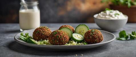 Crispy buckwheat and quinoa falafel served in warm pita bread with a tangy yogurt sauce and fresh cucumber slices for a tasty and satisfying vegetarian option. photo