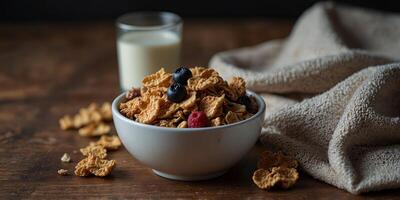 On a wooden surface there is a spread with a bowl of cornflakes dried berries granola bar and a glass of milk on a towel with empty space in the image with copy space image. photo