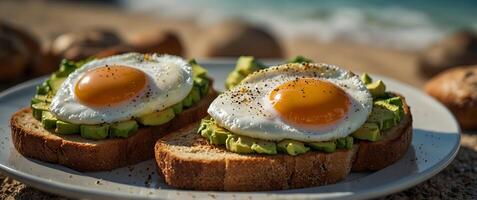 Indulging in a slice of toasted bread topped with avocado and poached eggs a signature beachside breakfast dish. photo