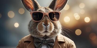 Rabbit dressed in stylish clothes with sunglasses. photo
