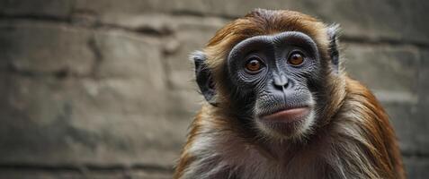 A monkey curiously looks up while clinging to a wall. photo