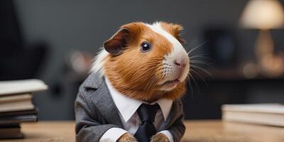 A guinea pig wearing a suit and tie is sitting in an office, looking serious. photo