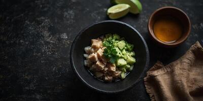 Top down view of bowl with soy sauce ginger and wasabi on dark stone surface blank space. photo