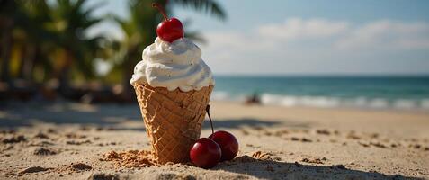 Ice cream cone filled with ripe cherries on the beach Fresh cherry in a waffle cone with palm leaf Summer vacation concept. photo
