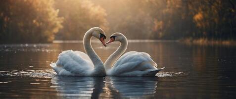 Two swans forming a heart shape with their necks. photo