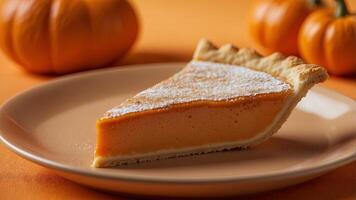 Slice of pumpkin pie with flaky crust on orange background. photo