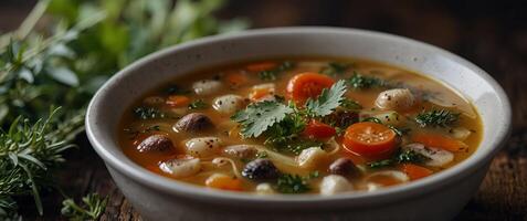 A hearty soup filled with a variety of unique and foraged herbal treasures. photo