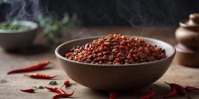 A pot of steaming aromatic chili made with a blend of ground wild game and beans. photo